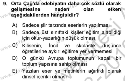 Batı Edebiyatında Akımlar 1 Dersi 2018 - 2019 Yılı Yaz Okulu Sınavı 9. Soru