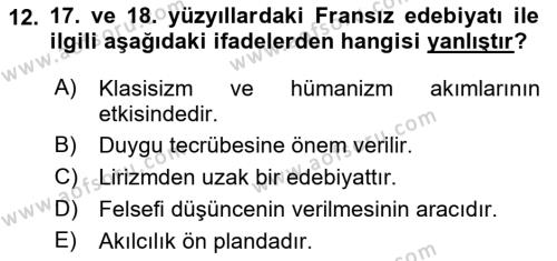 Batı Edebiyatında Akımlar 1 Dersi 2022 - 2023 Yılı Yaz Okulu Sınavı 12. Soru