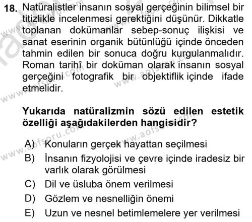 Batı Edebiyatında Akımlar 1 Dersi 2022 - 2023 Yılı Yaz Okulu Sınavı 18. Soru