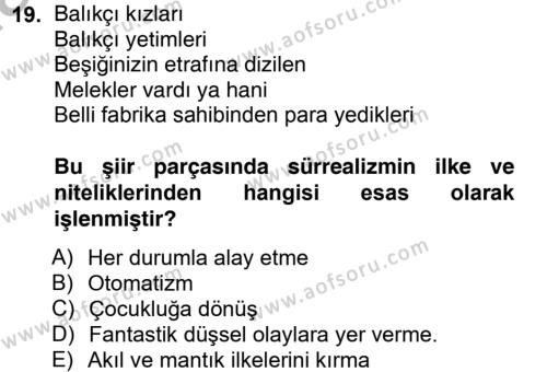 Batı Edebiyatında Akımlar 2 Dersi 2012 - 2013 Yılı (Vize) Ara Sınavı 19. Soru