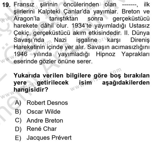 Batı Edebiyatında Akımlar 2 Dersi 2021 - 2022 Yılı (Vize) Ara Sınavı 19. Soru