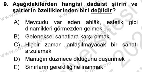 Batı Edebiyatında Akımlar 2 Dersi 2021 - 2022 Yılı (Vize) Ara Sınavı 9. Soru