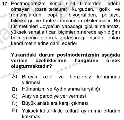 Batı Edebiyatında Akımlar 2 Dersi 2021 - 2022 Yılı Yaz Okulu Sınavı 17. Soru