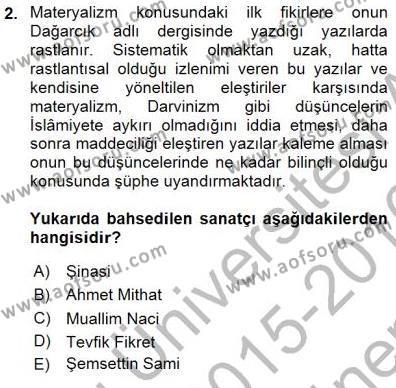 Yeni Türk Edebiyatına Giriş 1 Dersi 2015 - 2016 Yılı (Final) Dönem Sonu Sınavı 2. Soru