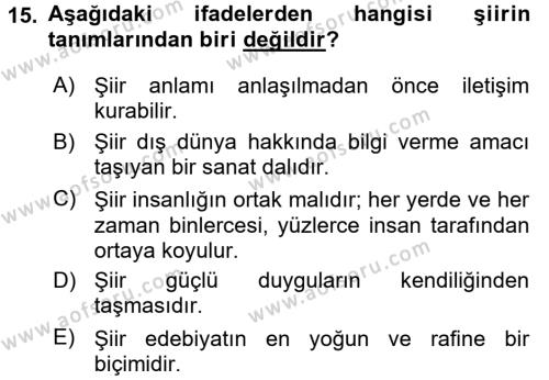 Yeni Türk Edebiyatına Giriş 1 Dersi 2017 - 2018 Yılı (Vize) Ara Sınavı 15. Soru