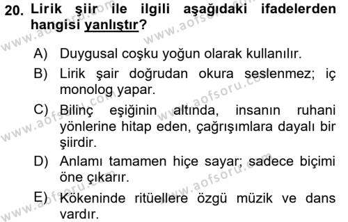 Yeni Türk Edebiyatına Giriş 1 Dersi 2017 - 2018 Yılı (Vize) Ara Sınavı 20. Soru