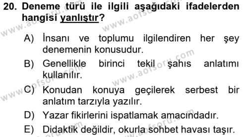 Yeni Türk Edebiyatına Giriş 1 Dersi 2017 - 2018 Yılı (Final) Dönem Sonu Sınavı 20. Soru