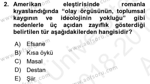 Yeni Türk Edebiyatına Giriş 1 Dersi 2018 - 2019 Yılı (Vize) Ara Sınavı 2. Soru