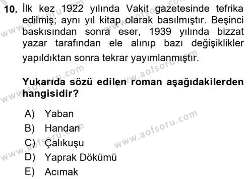 Yeni Türk Edebiyatına Giriş 1 Dersi 2020 - 2021 Yılı Yaz Okulu Sınavı 10. Soru