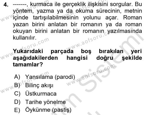 Yeni Türk Edebiyatına Giriş 1 Dersi 2020 - 2021 Yılı Yaz Okulu Sınavı 4. Soru