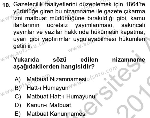 Yeni Türk Edebiyatına Giriş 2 Dersi 2018 - 2019 Yılı Yaz Okulu Sınavı 10. Soru