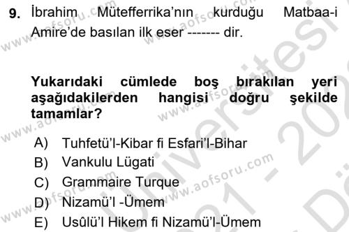 Yeni Türk Edebiyatına Giriş 2 Dersi 2021 - 2022 Yılı (Vize) Ara Sınavı 9. Soru