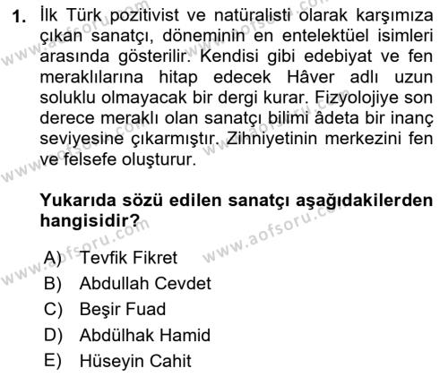 Yeni Türk Edebiyatına Giriş 2 Dersi 2021 - 2022 Yılı (Final) Dönem Sonu Sınavı 1. Soru