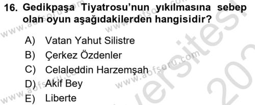 Yeni Türk Edebiyatına Giriş 2 Dersi 2021 - 2022 Yılı (Final) Dönem Sonu Sınavı 16. Soru