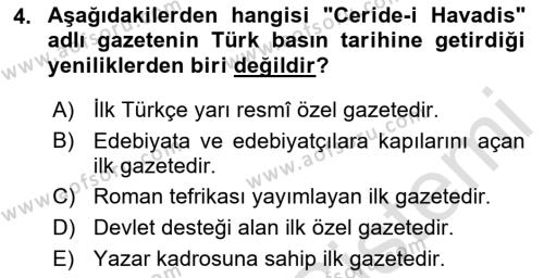 Yeni Türk Edebiyatına Giriş 2 Dersi 2021 - 2022 Yılı (Final) Dönem Sonu Sınavı 4. Soru