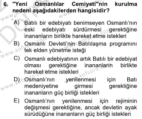 Yeni Türk Edebiyatına Giriş 2 Dersi 2021 - 2022 Yılı (Final) Dönem Sonu Sınavı 6. Soru