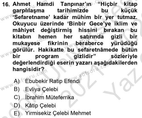 Yeni Türk Edebiyatına Giriş 2 Dersi 2021 - 2022 Yılı Yaz Okulu Sınavı 16. Soru