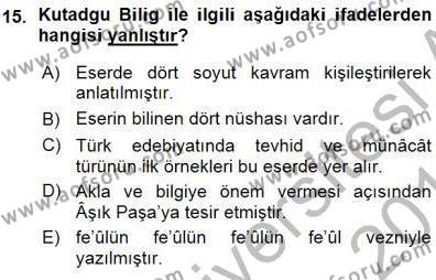 VIII-XIII. Yüzyıllar Türk Edebiyatı Dersi 2015 - 2016 Yılı (Vize) Ara Sınavı 15. Soru