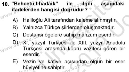 VIII-XIII. Yüzyıllar Türk Edebiyatı Dersi 2018 - 2019 Yılı 3 Ders Sınavı 10. Soru