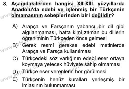 VIII-XIII. Yüzyıllar Türk Edebiyatı Dersi 2018 - 2019 Yılı 3 Ders Sınavı 8. Soru