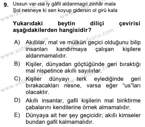 VIII-XIII. Yüzyıllar Türk Edebiyatı Dersi 2018 - 2019 Yılı 3 Ders Sınavı 9. Soru