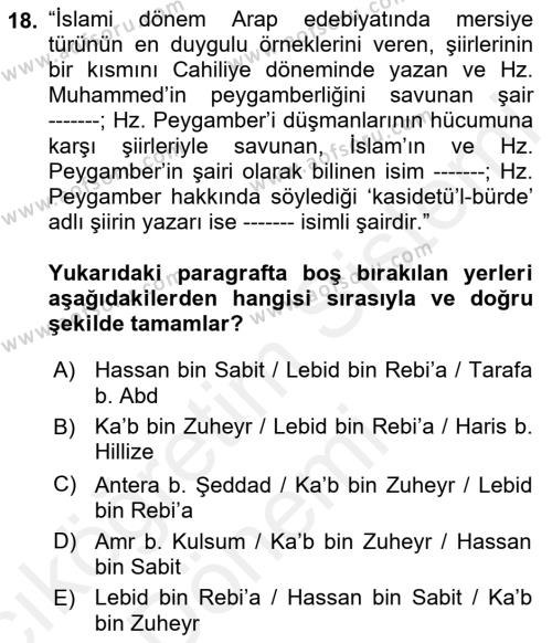 VIII-XIII. Yüzyıllar Türk Edebiyatı Dersi 2018 - 2019 Yılı (Vize) Ara Sınavı 18. Soru