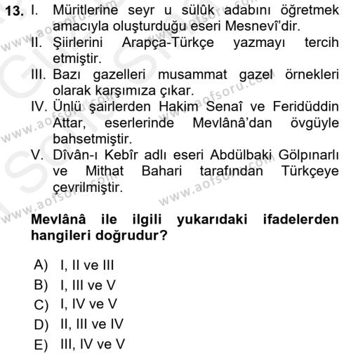 VIII-XIII. Yüzyıllar Türk Edebiyatı Dersi 2018 - 2019 Yılı (Final) Dönem Sonu Sınavı 13. Soru