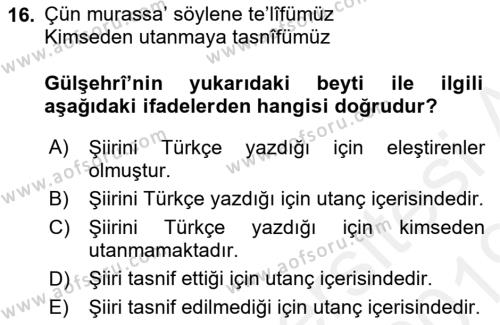 VIII-XIII. Yüzyıllar Türk Edebiyatı Dersi 2018 - 2019 Yılı (Final) Dönem Sonu Sınavı 16. Soru