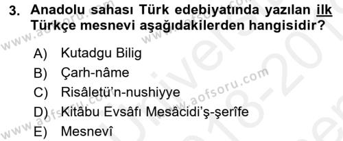 VIII-XIII. Yüzyıllar Türk Edebiyatı Dersi 2018 - 2019 Yılı (Final) Dönem Sonu Sınavı 3. Soru