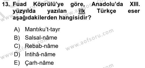 VIII-XIII. Yüzyıllar Türk Edebiyatı Dersi 2019 - 2020 Yılı (Final) Dönem Sonu Sınavı 13. Soru