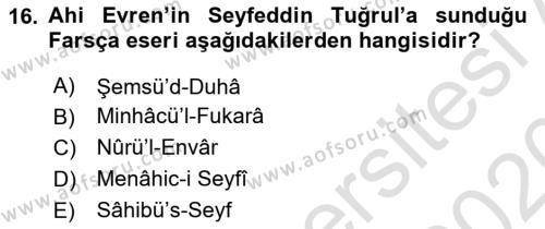 VIII-XIII. Yüzyıllar Türk Edebiyatı Dersi 2019 - 2020 Yılı (Final) Dönem Sonu Sınavı 16. Soru