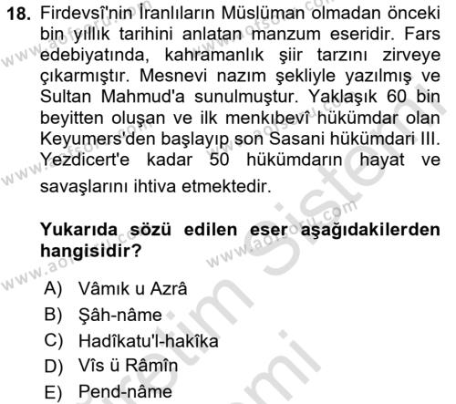 VIII-XIII. Yüzyıllar Türk Edebiyatı Dersi 2019 - 2020 Yılı (Final) Dönem Sonu Sınavı 18. Soru