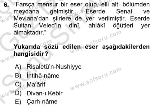 VIII-XIII. Yüzyıllar Türk Edebiyatı Dersi 2019 - 2020 Yılı (Final) Dönem Sonu Sınavı 6. Soru