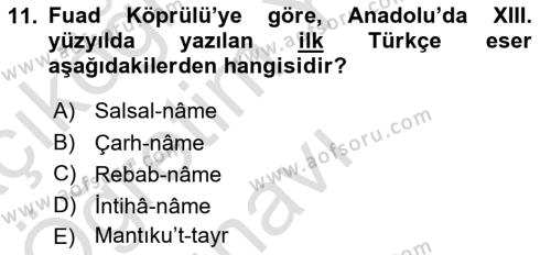 VIII-XIII. Yüzyıllar Türk Edebiyatı Dersi 2020 - 2021 Yılı Yaz Okulu Sınavı 11. Soru