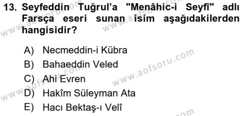 VIII-XIII. Yüzyıllar Türk Edebiyatı Dersi 2020 - 2021 Yılı Yaz Okulu Sınavı 13. Soru