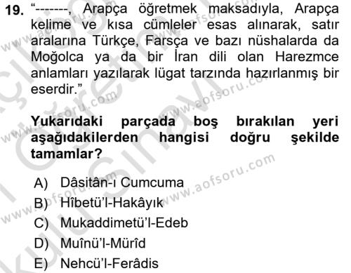 VIII-XIII. Yüzyıllar Türk Edebiyatı Dersi 2020 - 2021 Yılı Yaz Okulu Sınavı 19. Soru