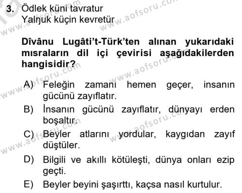 VIII-XIII. Yüzyıllar Türk Edebiyatı Dersi 2020 - 2021 Yılı Yaz Okulu Sınavı 3. Soru