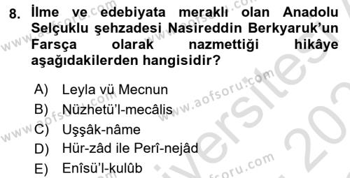 VIII-XIII. Yüzyıllar Türk Edebiyatı Dersi 2020 - 2021 Yılı Yaz Okulu Sınavı 8. Soru