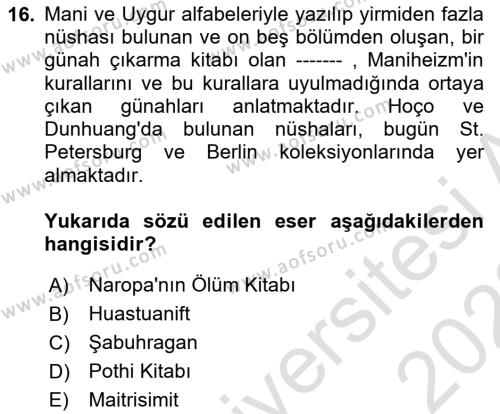 VIII-XIII. Yüzyıllar Türk Edebiyatı Dersi 2021 - 2022 Yılı (Vize) Ara Sınavı 16. Soru