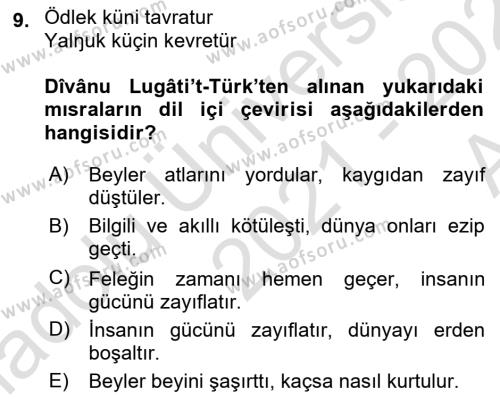VIII-XIII. Yüzyıllar Türk Edebiyatı Dersi 2021 - 2022 Yılı (Vize) Ara Sınavı 9. Soru