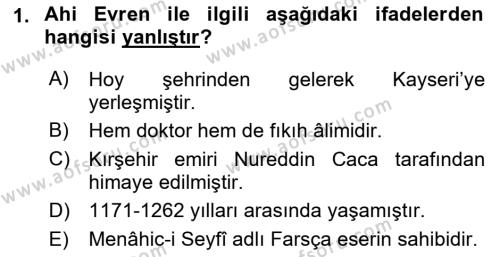 VIII-XIII. Yüzyıllar Türk Edebiyatı Dersi 2021 - 2022 Yılı (Final) Dönem Sonu Sınavı 1. Soru