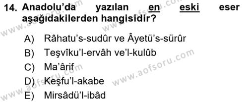 VIII-XIII. Yüzyıllar Türk Edebiyatı Dersi 2021 - 2022 Yılı (Final) Dönem Sonu Sınavı 14. Soru