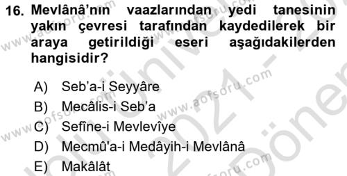 VIII-XIII. Yüzyıllar Türk Edebiyatı Dersi 2021 - 2022 Yılı (Final) Dönem Sonu Sınavı 16. Soru