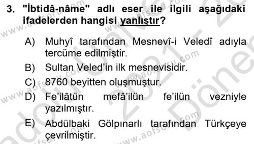 VIII-XIII. Yüzyıllar Türk Edebiyatı Dersi 2021 - 2022 Yılı (Final) Dönem Sonu Sınavı 3. Soru