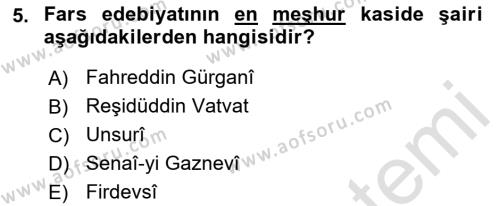 VIII-XIII. Yüzyıllar Türk Edebiyatı Dersi 2021 - 2022 Yılı (Final) Dönem Sonu Sınavı 5. Soru