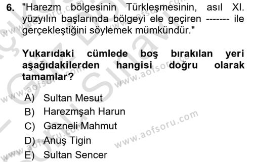 VIII-XIII. Yüzyıllar Türk Edebiyatı Dersi 2021 - 2022 Yılı (Final) Dönem Sonu Sınavı 6. Soru