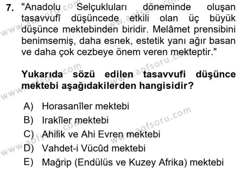 VIII-XIII. Yüzyıllar Türk Edebiyatı Dersi 2021 - 2022 Yılı (Final) Dönem Sonu Sınavı 7. Soru