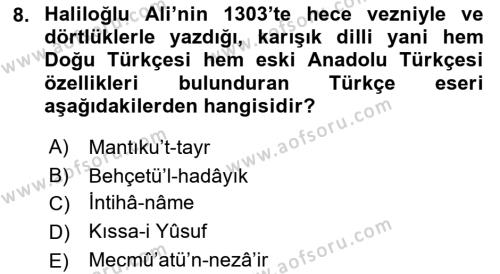 VIII-XIII. Yüzyıllar Türk Edebiyatı Dersi 2021 - 2022 Yılı (Final) Dönem Sonu Sınavı 8. Soru