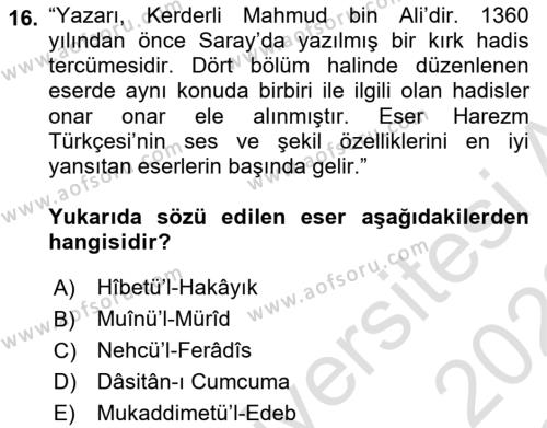 VIII-XIII. Yüzyıllar Türk Edebiyatı Dersi 2021 - 2022 Yılı Yaz Okulu Sınavı 16. Soru