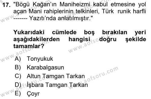 VIII-XIII. Yüzyıllar Türk Edebiyatı Dersi 2021 - 2022 Yılı Yaz Okulu Sınavı 17. Soru